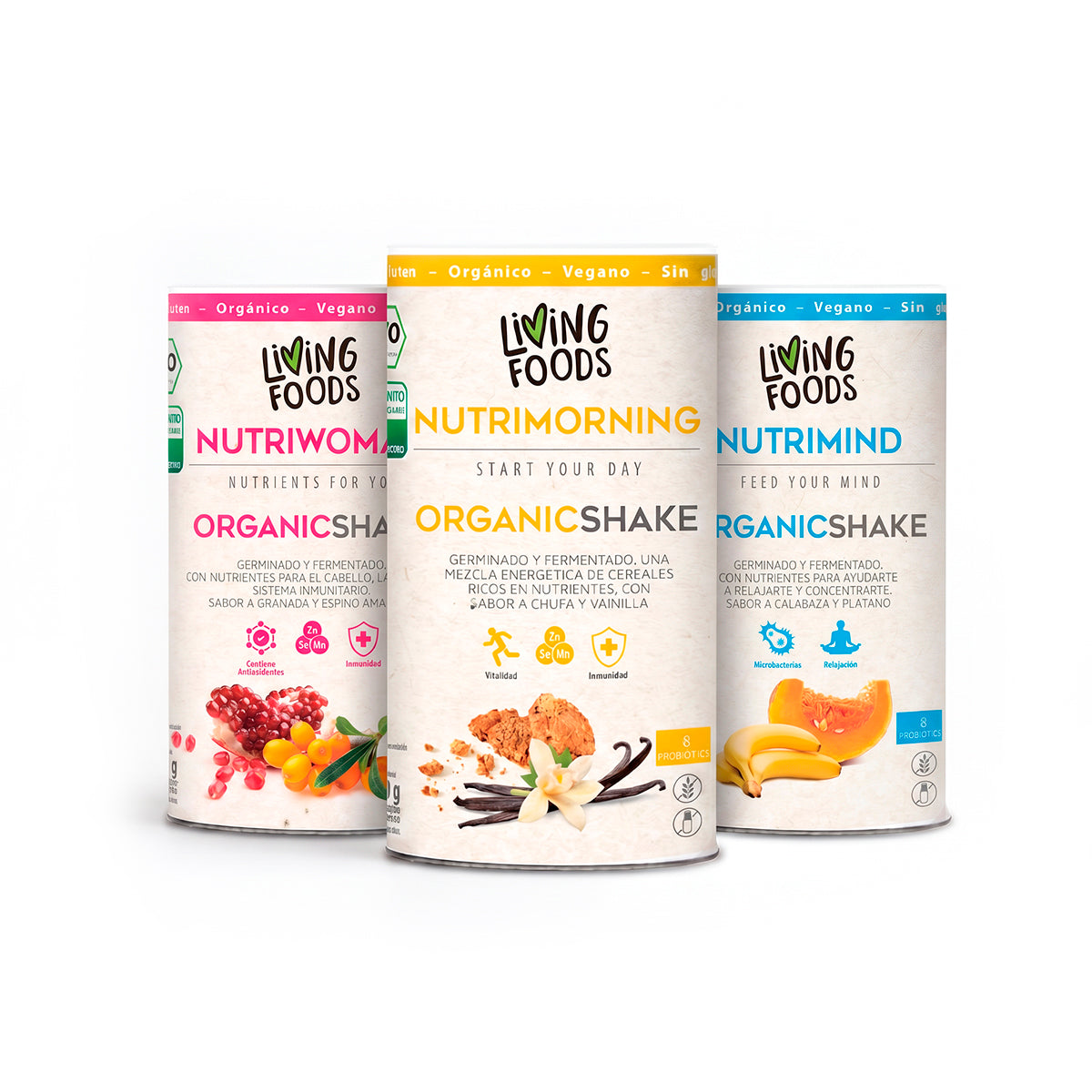 Productos Nutri Orgánicos de Living Foods elaborados con ingredientes ecológicos.