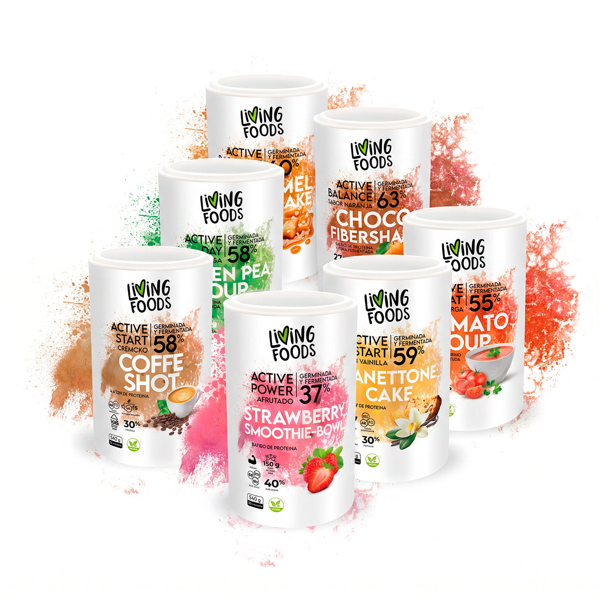 Productos Active de Living Foods con proteínas vegetales y fibras fermentadas.