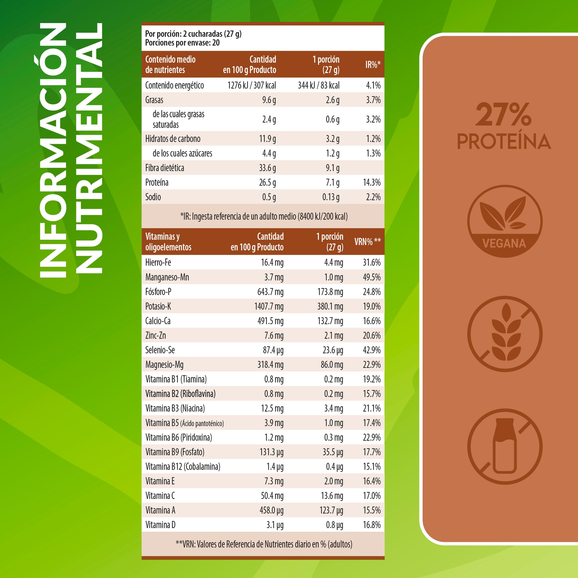 Información nutricional del batido de proteína vegetal sabor chocolate Living Foods.