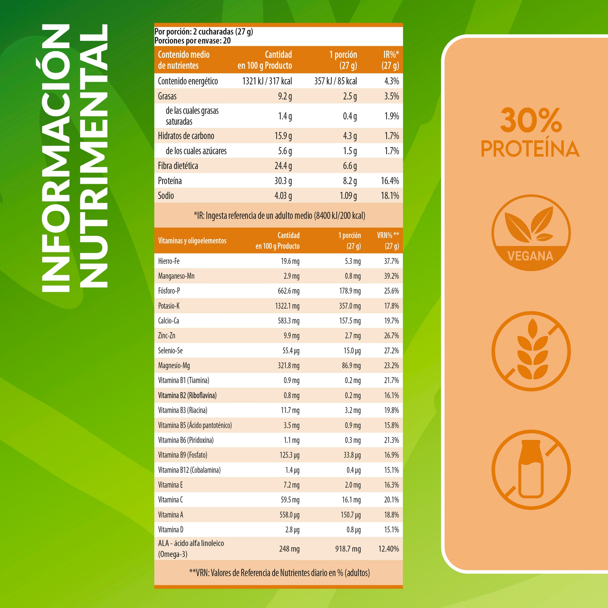Información nutricional del batido de proteína vegetal sabor caramelo Living Foods.