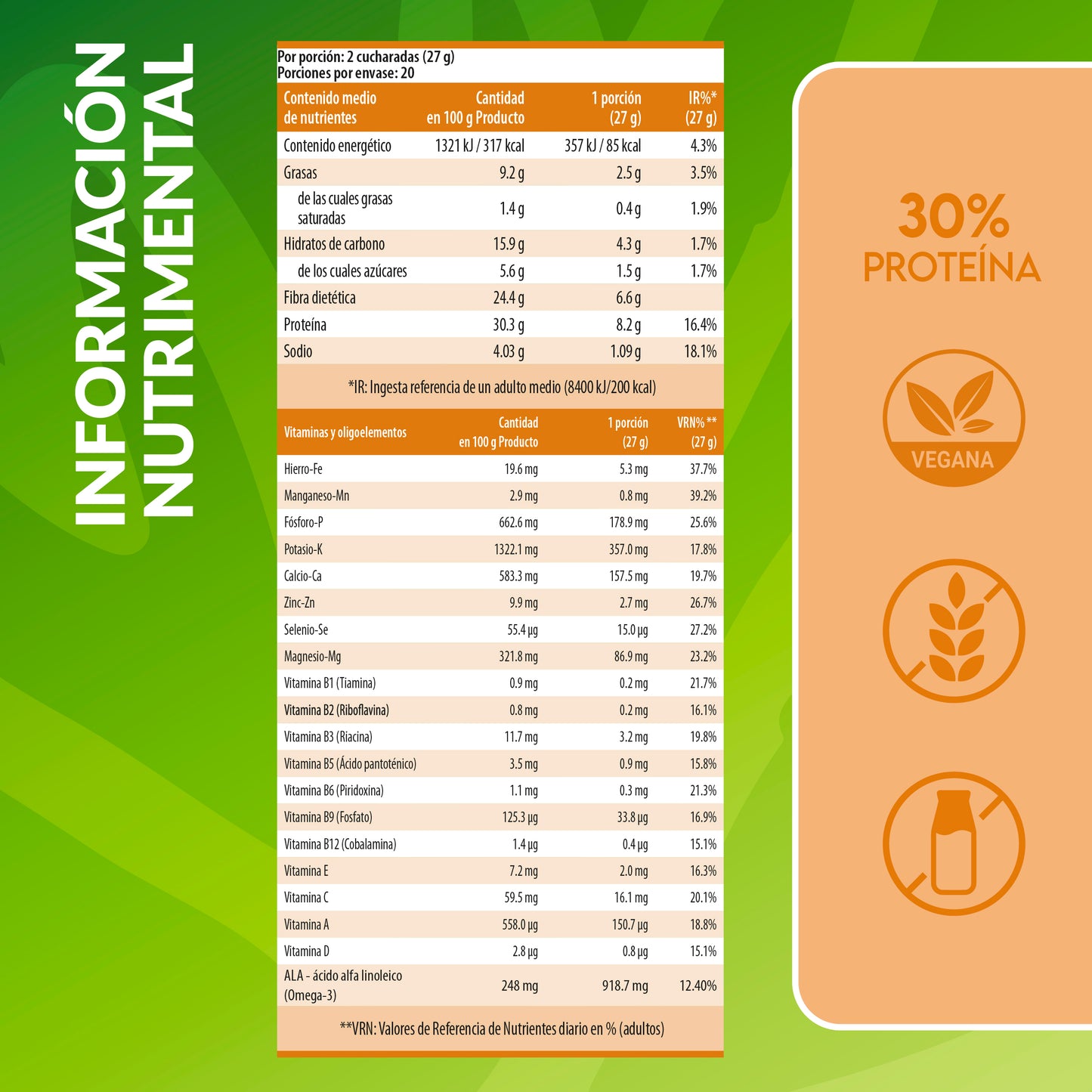 Información nutricional del Pack Active Balance caramelo Living Foods.
